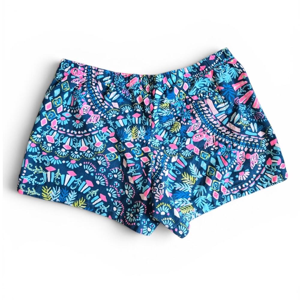 Lilly Pulitzer Callahan Shorts Size Medium Blue Pink Tropical Print Flat Front - Picture 2 of 6